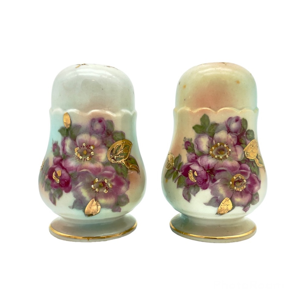 Vintage Porcelain Salt & Pepper Shakers with 24K Gold Details